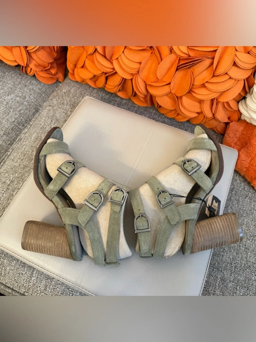 NWT Crevo Macer Sage Green Leather Buckle Heeled Sandals